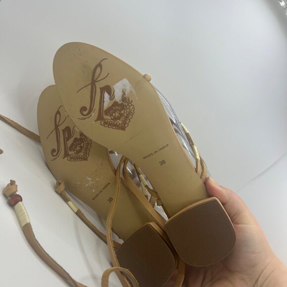 Free People Strappy Tan & Cream Lace-Up Sandals Heel beaded 38 - Picture 4 of 10